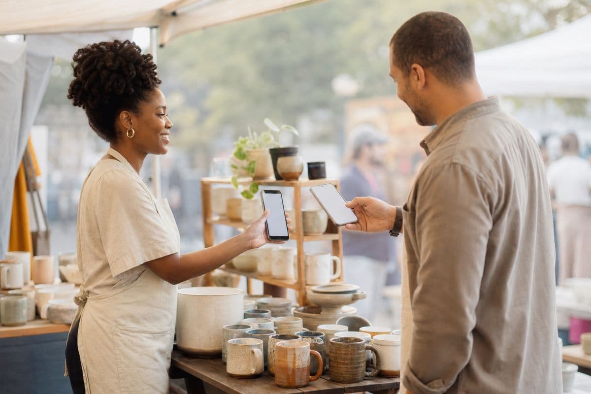 A ceramics studio owner at her market booth holds out her phone so a customer can scan her business card