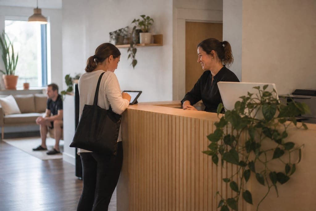 A client filling in intake details on a tablet at a clinic reception