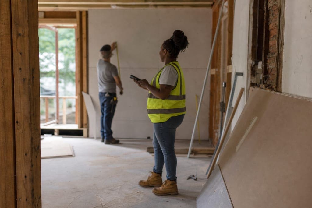 A contractor on a renovation site checking a job on her phone