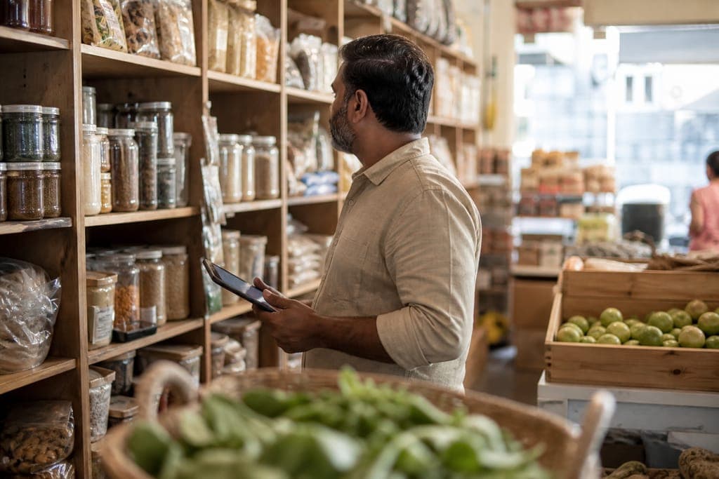 A grocery shop owner checking stock on the shelves with a tablet