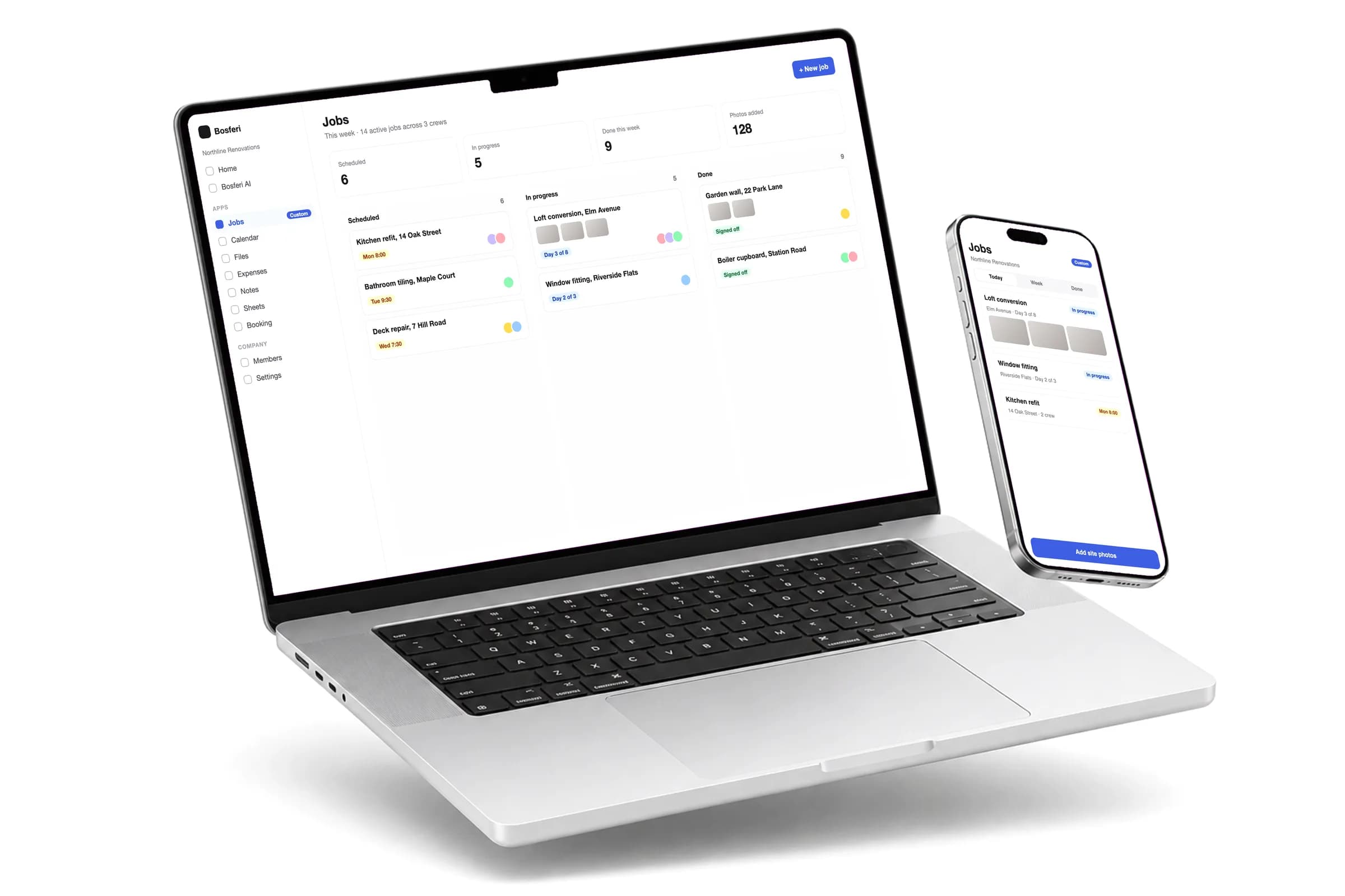 The Bosferi web and mobile apps showing a demo custom Jobs app for a renovation company, next to Calendar, Files and the other Bosferi apps