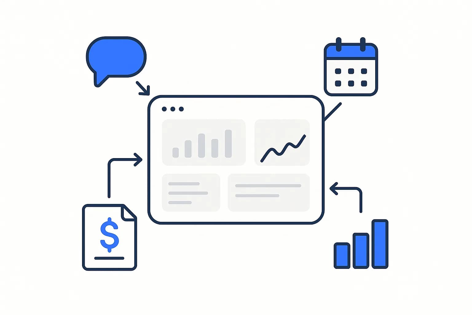Illustration of client apps (chat, calendar, invoicing) flowing into one unified dashboard