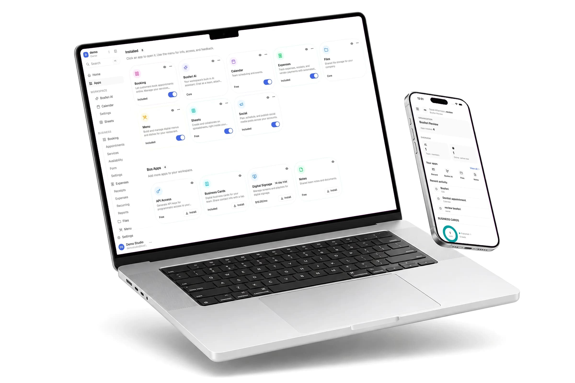 Bosferi on a laptop showing the apps dashboard and on a phone showing the mobile home screen