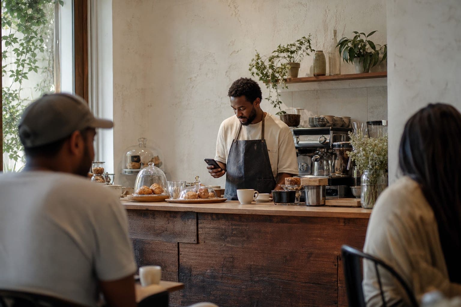 A cafe owner checking their phone behind the counter
