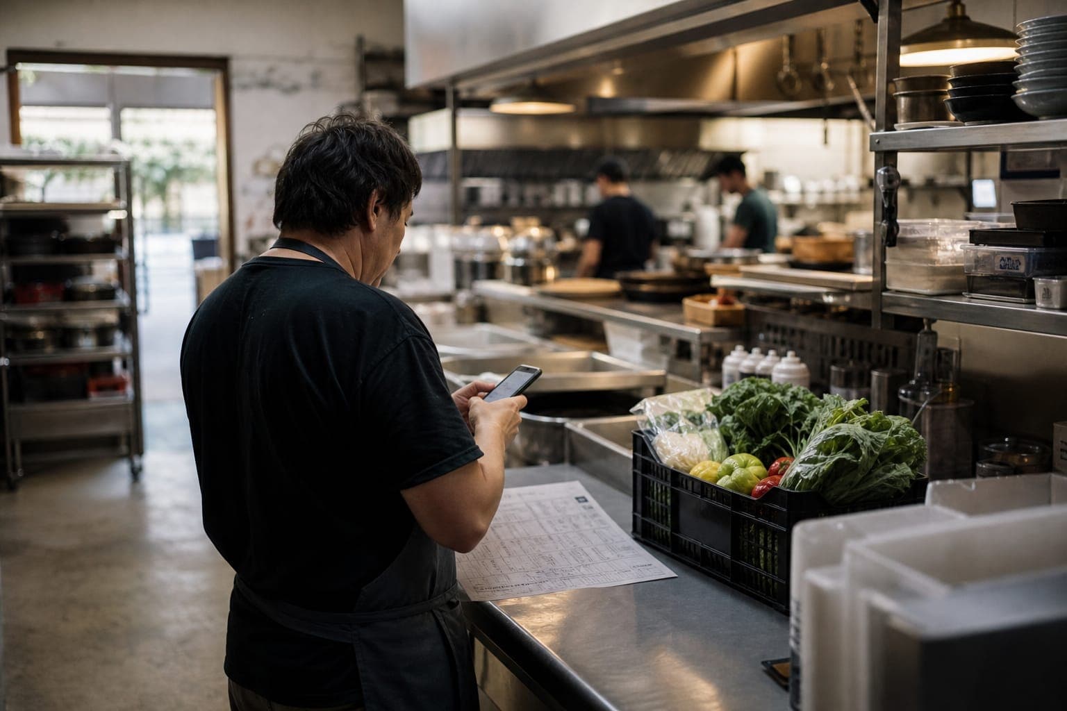 A restaurant owner photographs a supplier invoice next to a fresh produce delivery