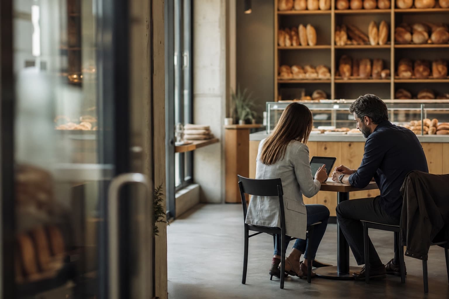 A sales partner showing Bosferi to a bakery owner on a tablet