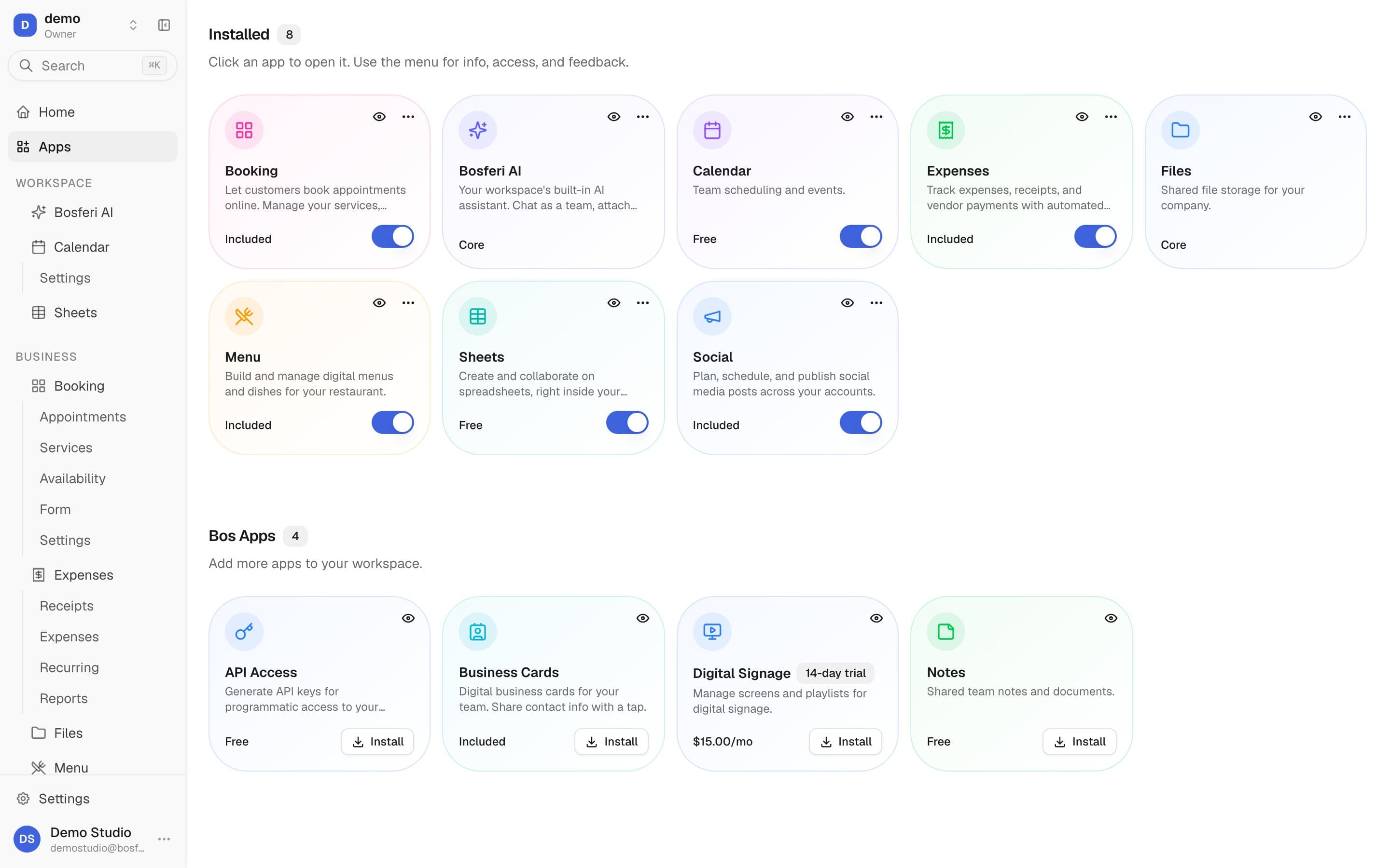 The Bosferi apps page, showing every app a company can turn on