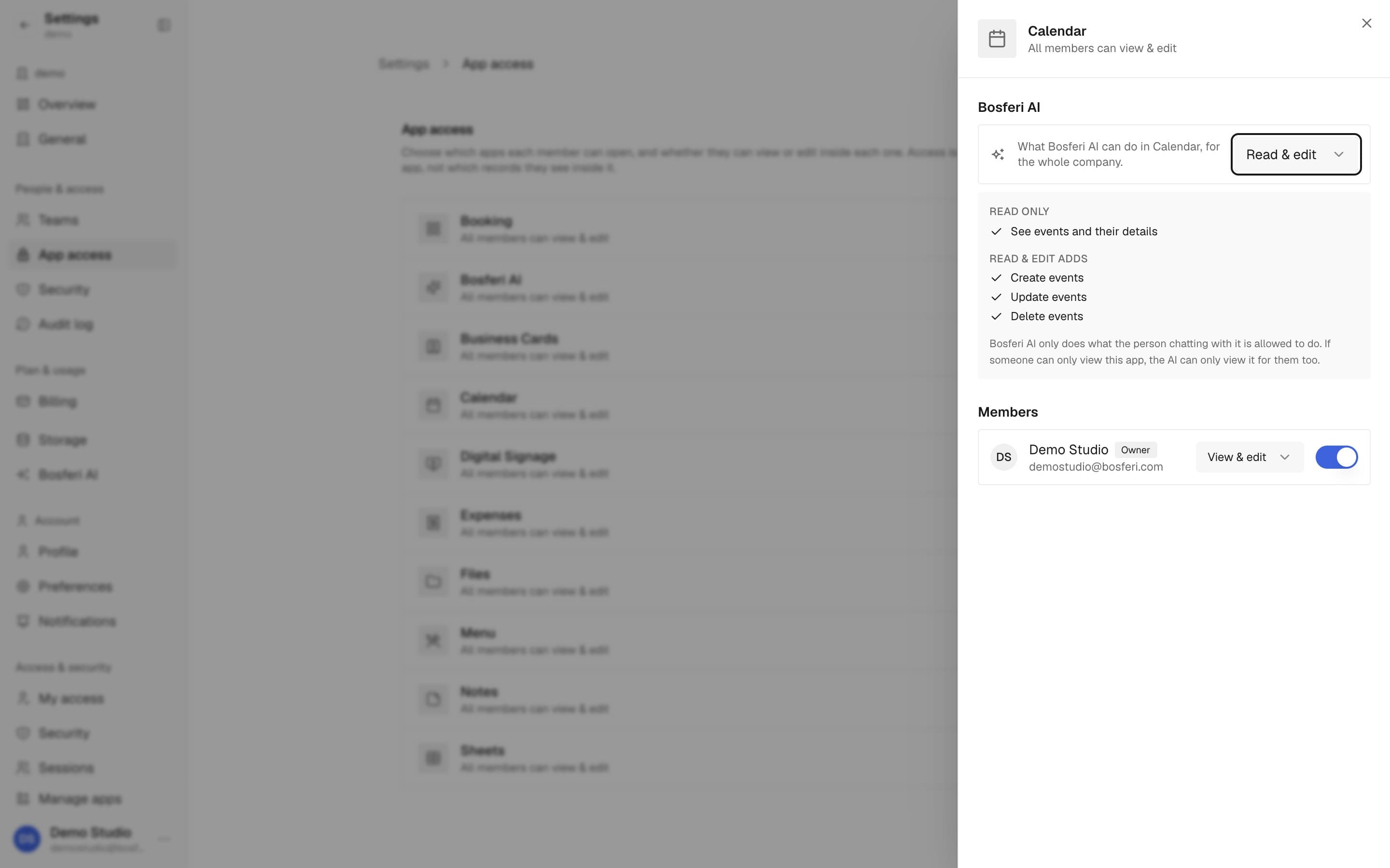 App access settings with Bosferi AI set to Read and edit for Calendar