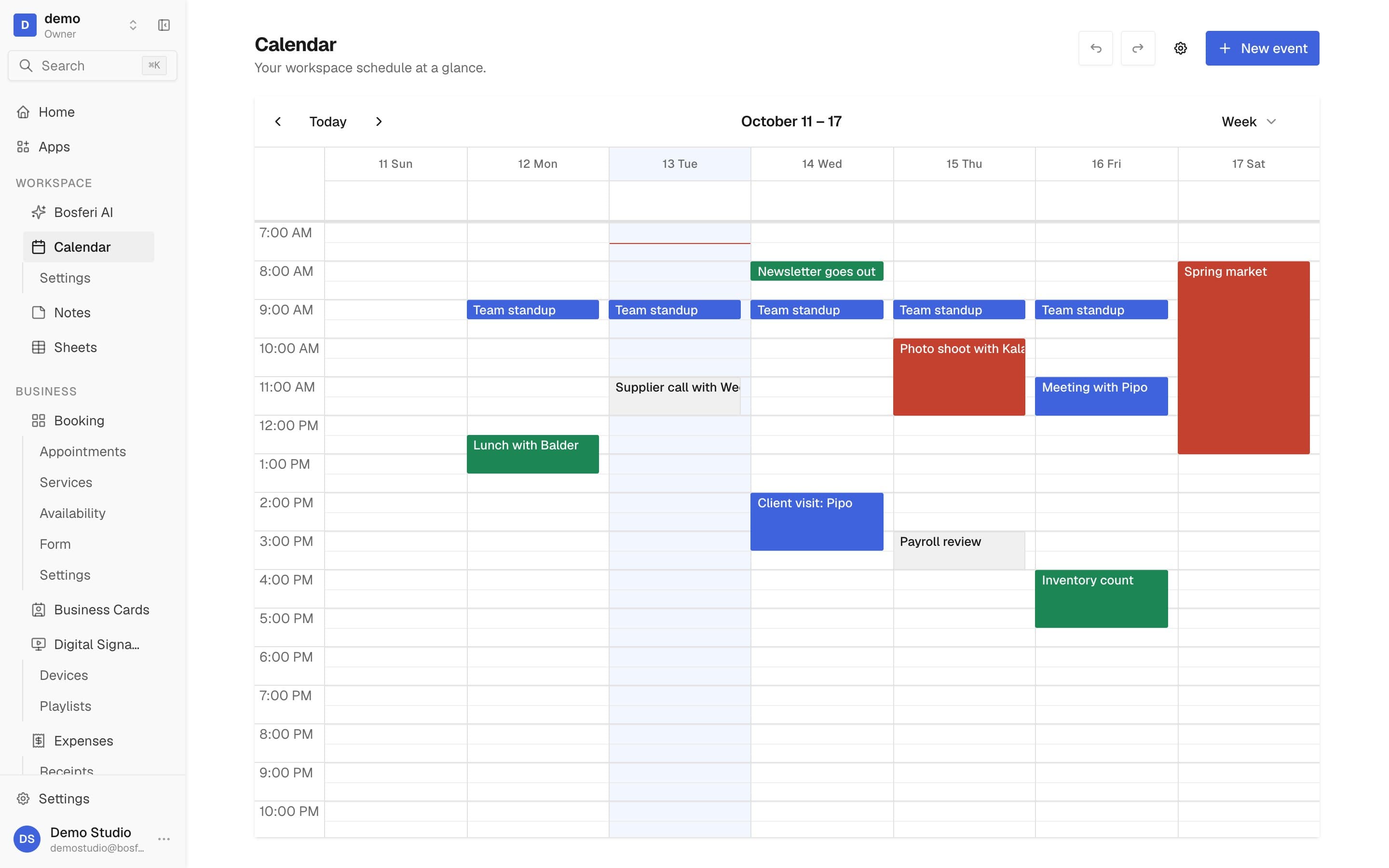 The calendar week with the meeting Bosferi AI added on Friday
