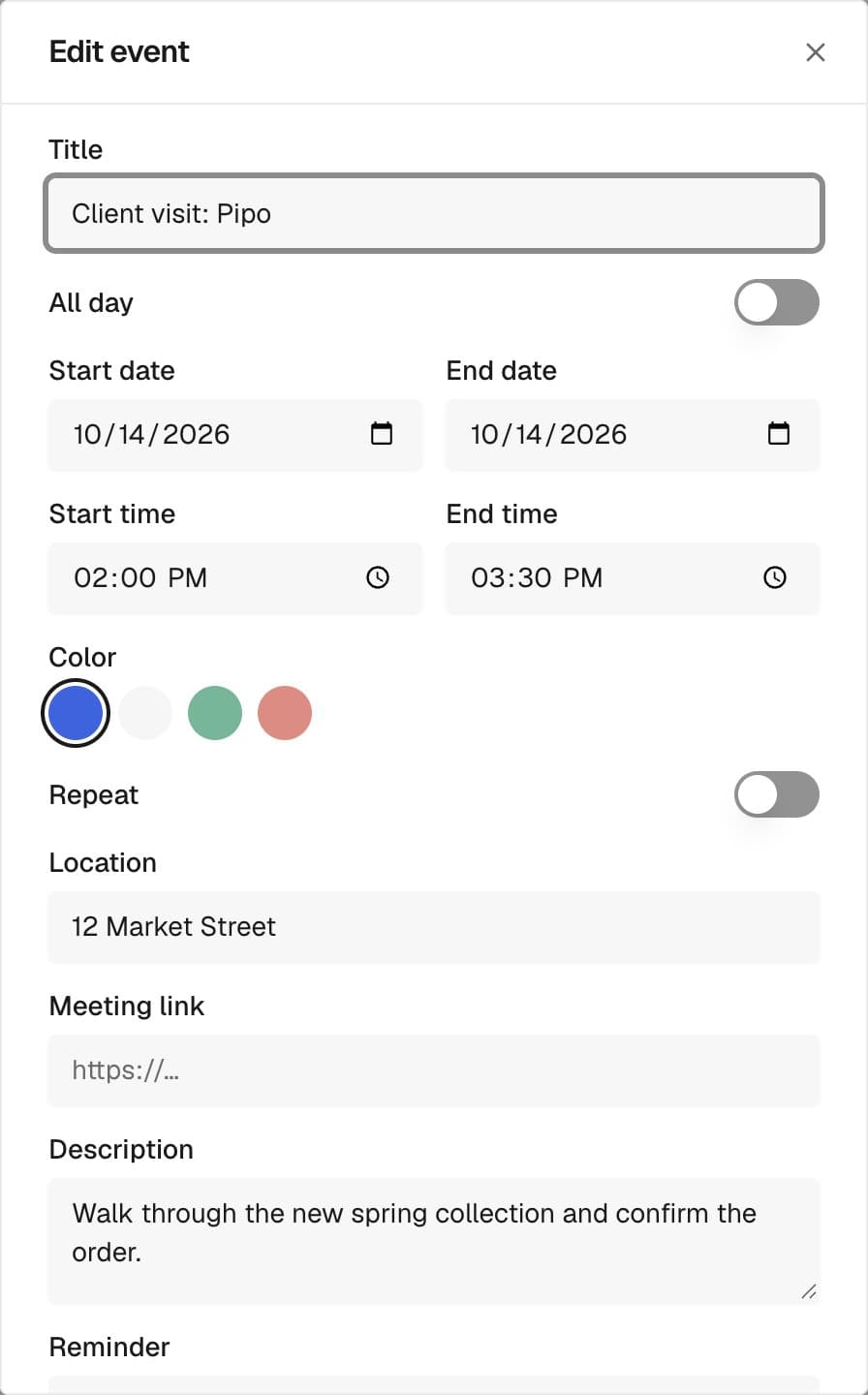 The event editor with a title, dates, color, location and description