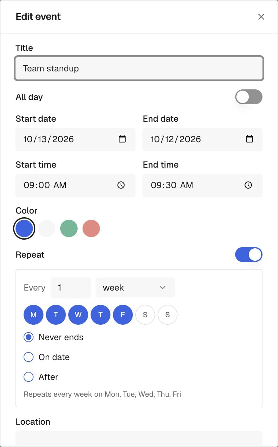 The repeat options for an event that happens every weekday