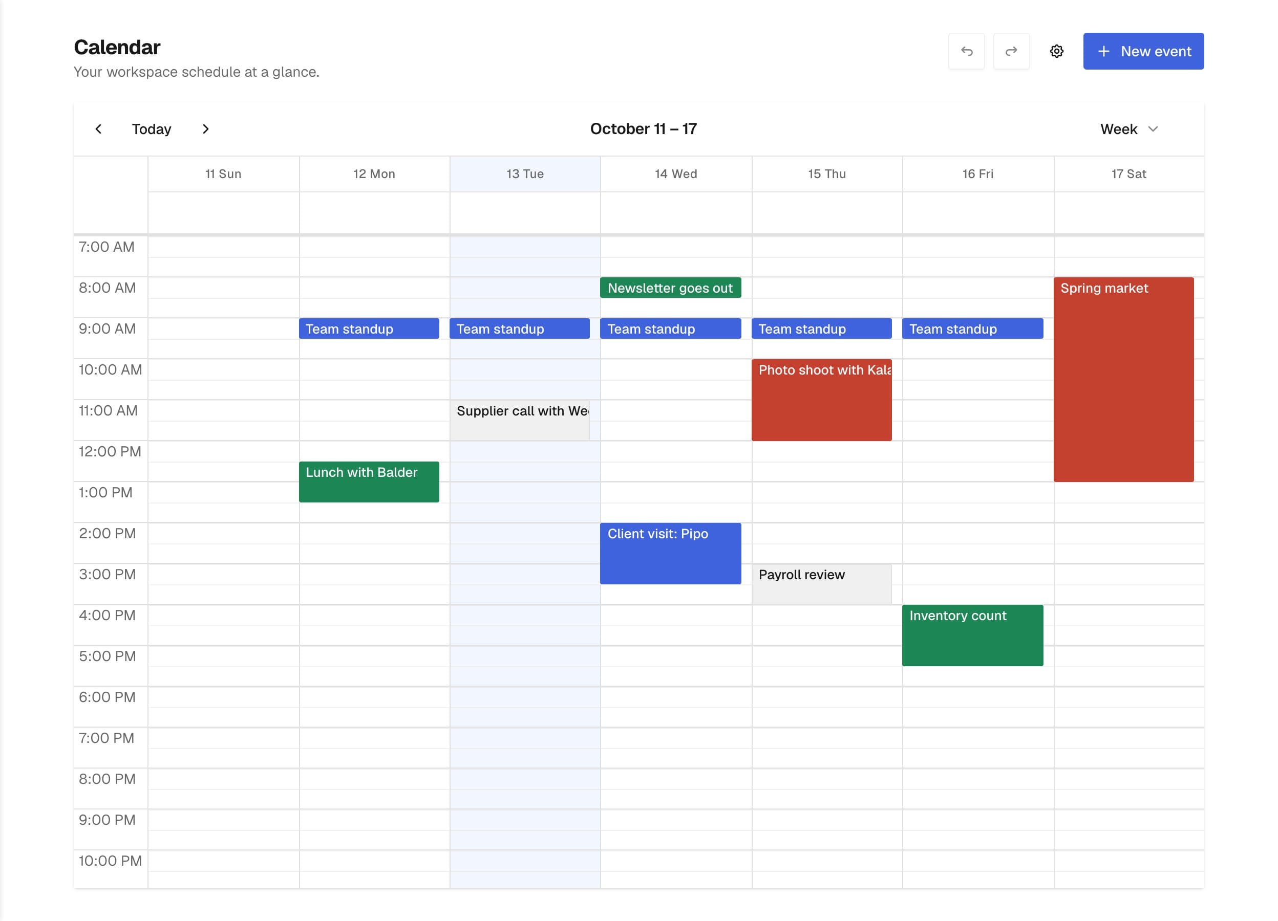 The Calendar week view with a team standup every weekday, client visits, a photo shoot and a market day