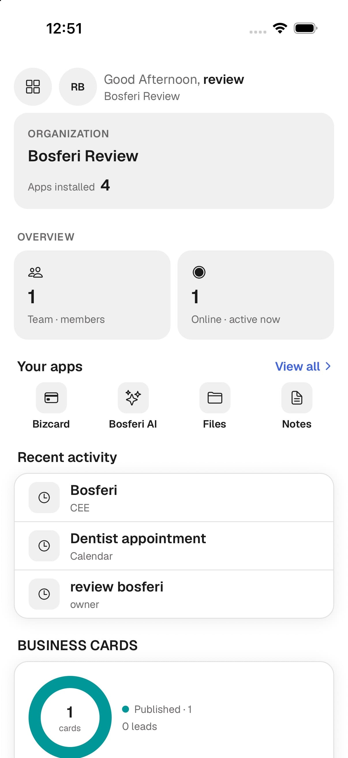 The Bosferi mobile home screen with the team overview, your apps and recent activity