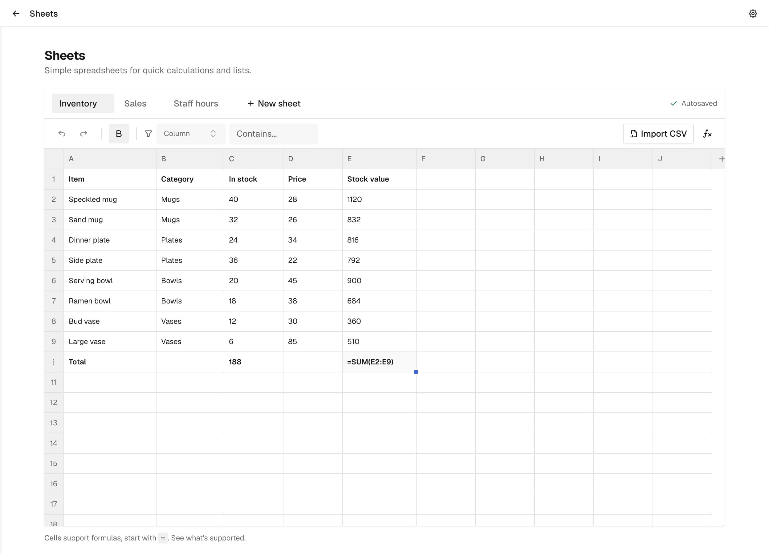 An inventory sheet in Sheets with stock, prices and a SUM formula for the total stock value