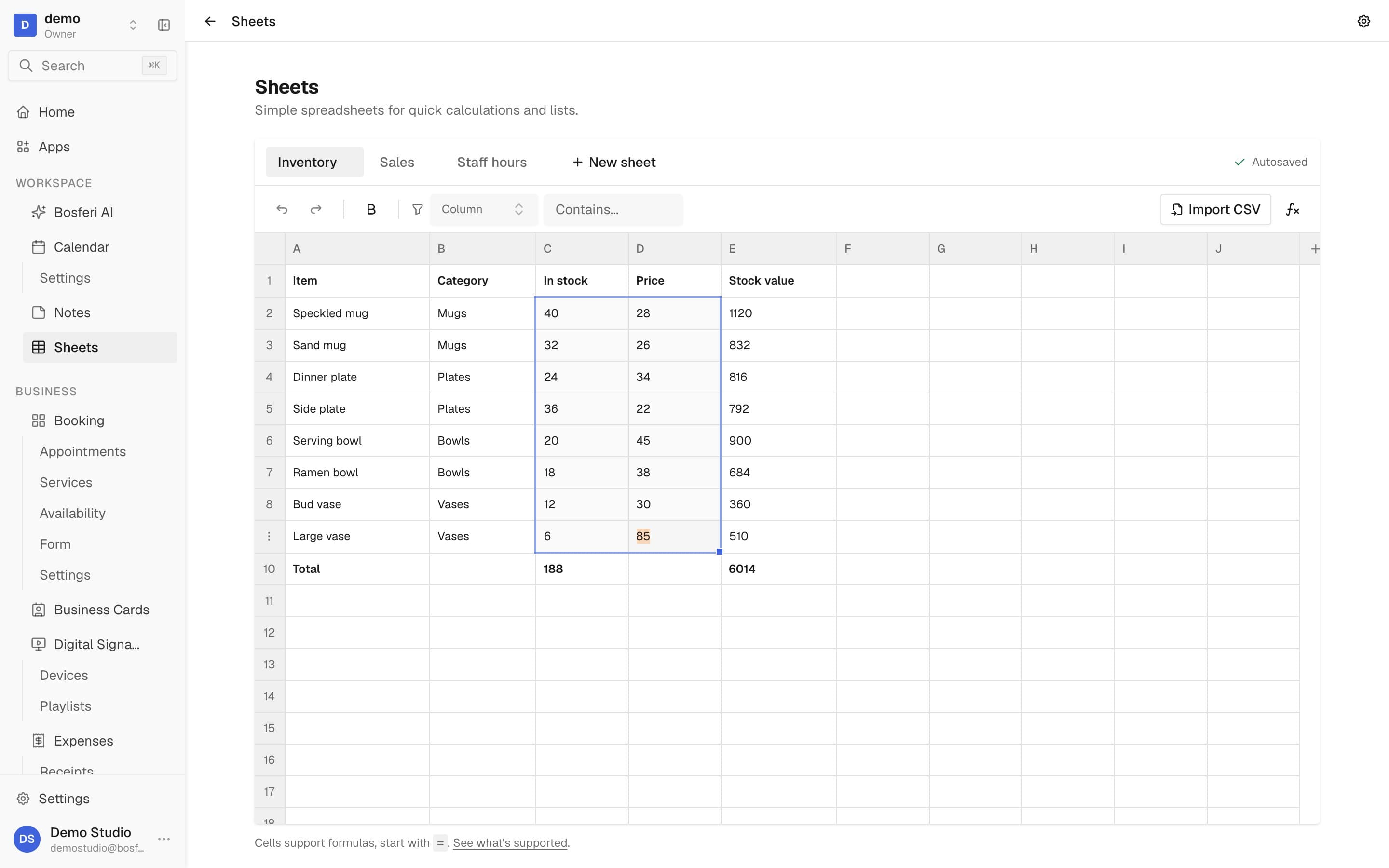 A range of stock and price cells selected in an inventory sheet